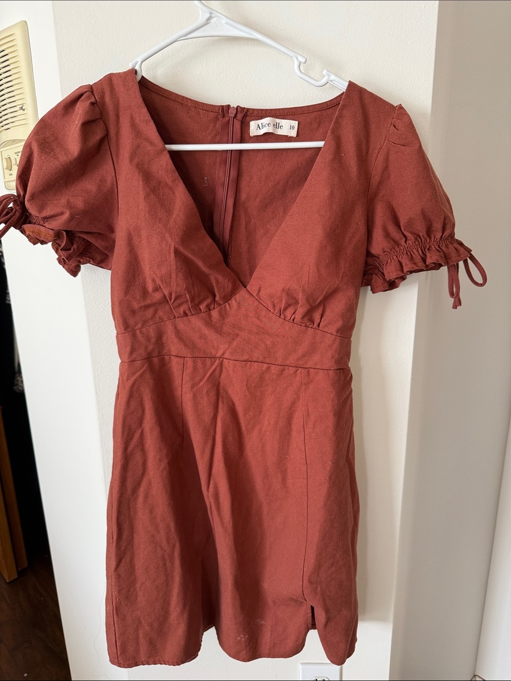 Rust V-Neck Puff Sleeve Mini Dress